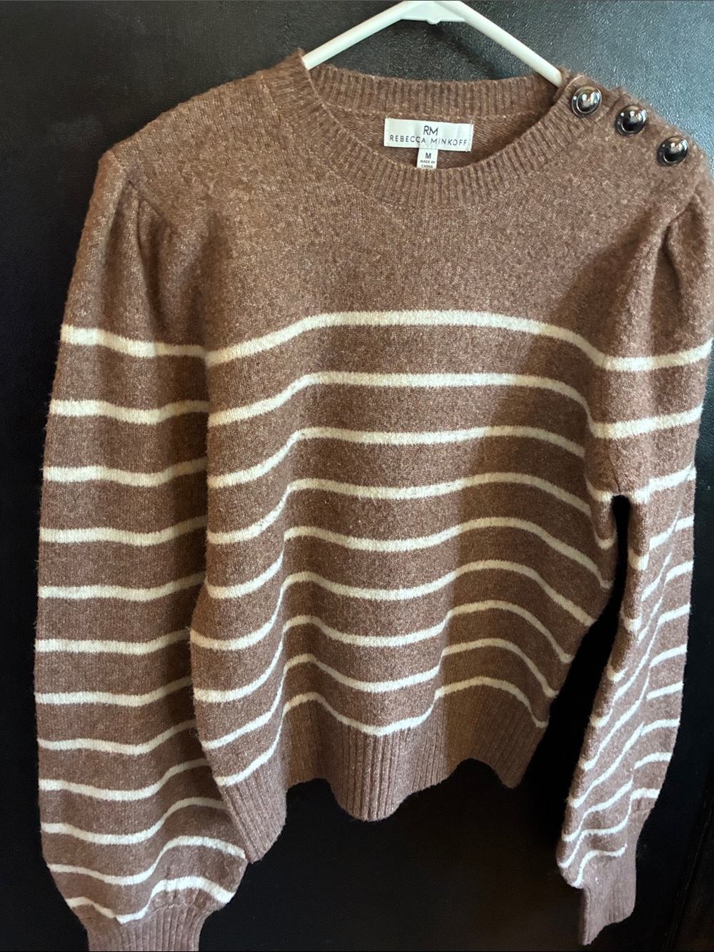 Rebecca Minkoff Brown & Cream Striped Crewneck Sweater with Shoulder Buttons